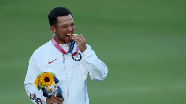 KAWAGOE, JAPAN - AUGUST 01: Xander Schauffele of Team United States celebrates with the gold medal during the medal ceremony after the final round of the Men's Individual Stroke Play on day nine of the Tokyo 2020 Olympic Games at Kasumigaseki Country Club on August 01, 2021 in Kawagoe, Saitama, Japan.