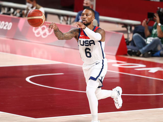 TOKYO JAPAN - JULY 31 Damian Lillard 6 of the USA Mens National Team passes the ball during the game against the Czech Republic Mens National Team during the 2020 Tokyo Olympics on July 31 2021 at the Super Saitama Arena in Tokyo Japan Mandatory Copyright Notice Copyright 2021 NBAE