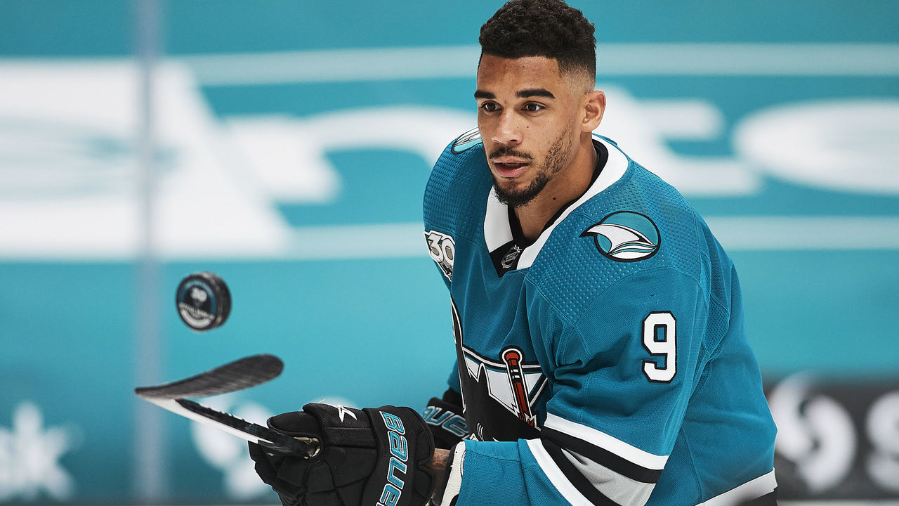 SAN JOSE, CA - MAY 12: San Jose Sharks left wing Evander Kane (9) warms up before the San Jose Sharks game versus the Vegas Golden Knights on May 12, 2021, at SAP Center at San Jose in San Jose, CA.