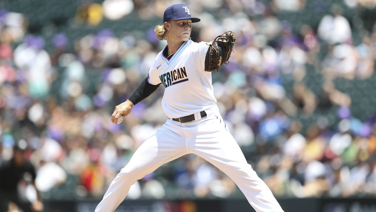 DENVER, CO - JULY 11: Shane Baz #17 of the American League Team pitches during the 2021 Sirius XM Futures Game at Coors Field on Sunday, July 11, 2021 in Denver, Colorado.