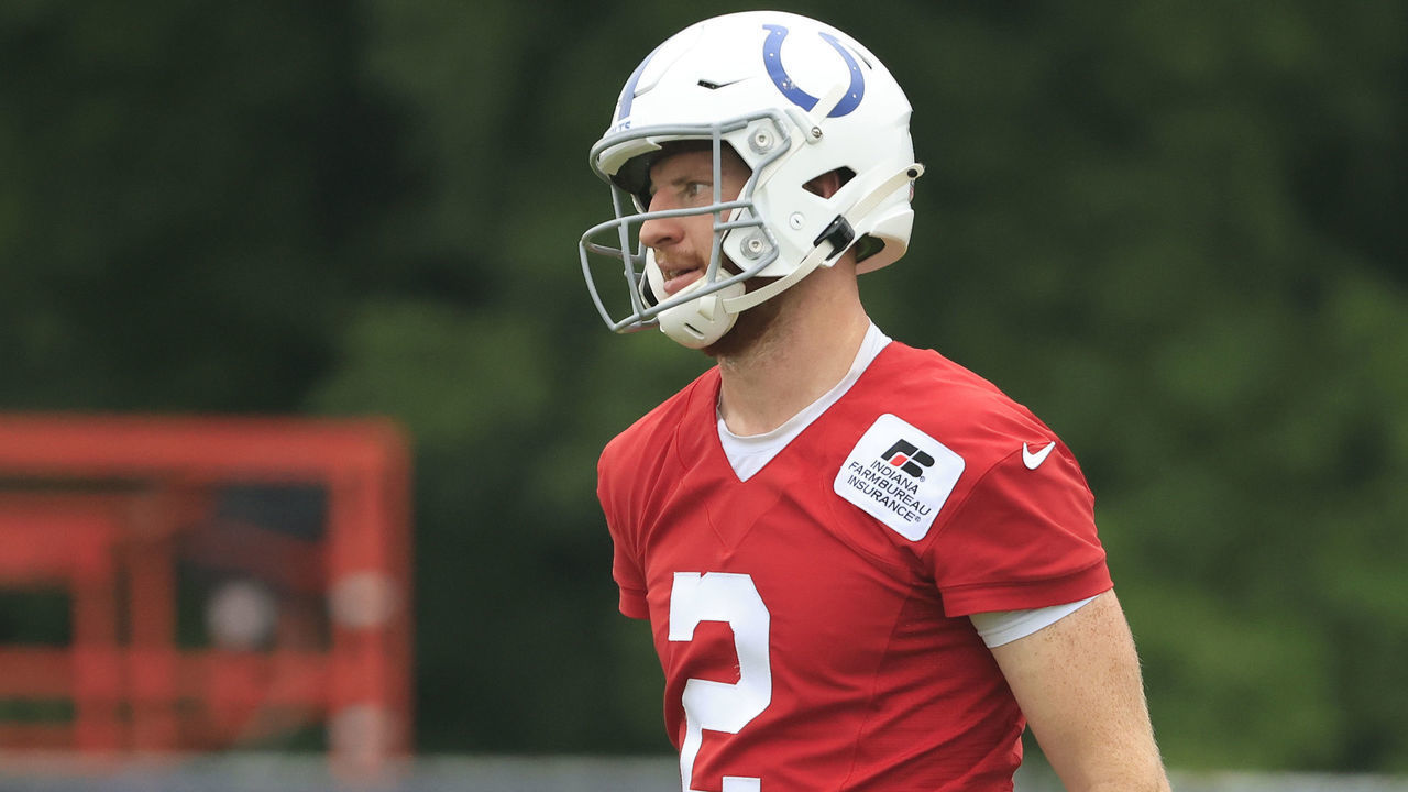 WESTFIELD, INDIANA - JULY 29: Carson Wentz #2 of the Indianapolis Colts on the field during the Indianapolis Colts Training Camp at Grand Park on July 29, 2021 in Westfield, Indiana.