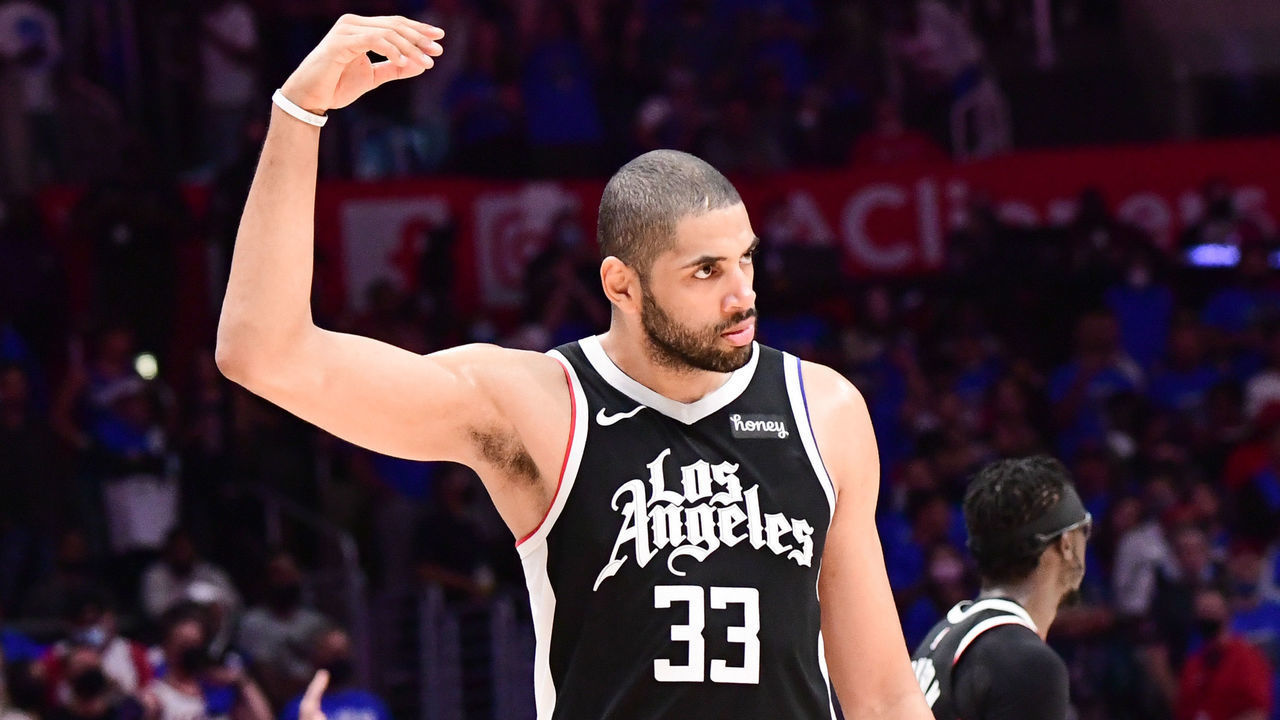 LOS ANGELES, CA - JUNE 18: Nicolas Batum #33 of the LA Clippers pumps up the crowd during the game against the Utah Jazz during Round 2, Game 6 of the 2021 NBA Playoffs on June 18, 2021 at STAPLES Center in Los Angeles, California. NOTE TO USER: User expressly acknowledges and agrees that, by downloading and/or using this Photograph, user is consenting to the terms and conditions of the Getty Images License Agreement. Mandatory Copyright Notice: Copyright 2021 NBAE
