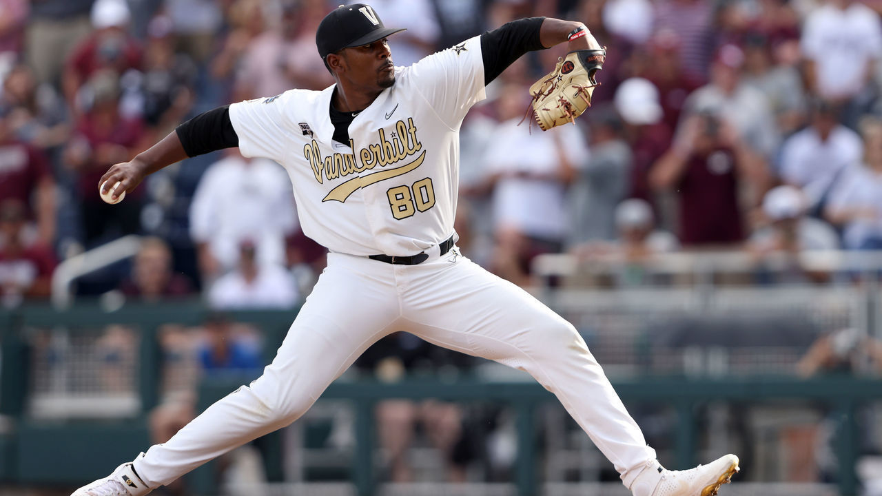 OMAHA, NEBRASKA - JUNE 30: Kumar Rocker #80 of the Vanderbilt pitches against Mississippi St. in the top of the first inning during game three of the College World Series Championship at TD Ameritrade Park Omaha on June 30, 2021 in Omaha, Nebraska.