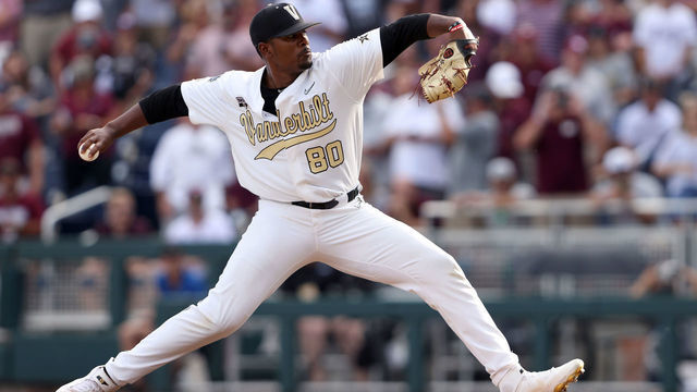 OMAHA, NEBRASKA - JUNE 30: Kumar Rocker #80 of the Vanderbilt pitches against Mississippi St. in the top of the first inning during game three of the College World Series Championship at TD Ameritrade Park Omaha on June 30, 2021 in Omaha, Nebraska.