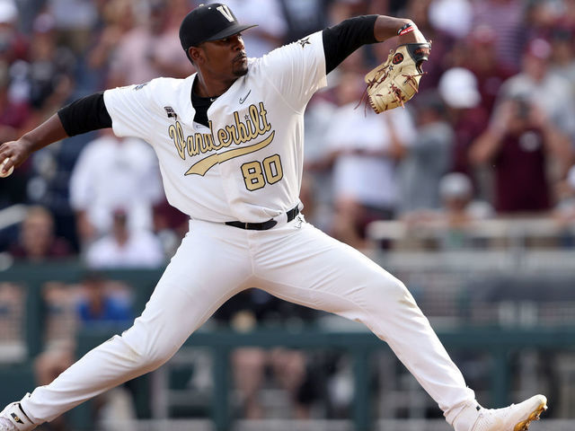 OMAHA, NEBRASKA - JUNE 30: Kumar Rocker #80 of the Vanderbilt pitches against Mississippi St. in the top of the first inning during game three of the College World Series Championship at TD Ameritrade Park Omaha on June 30, 2021 in Omaha, Nebraska.