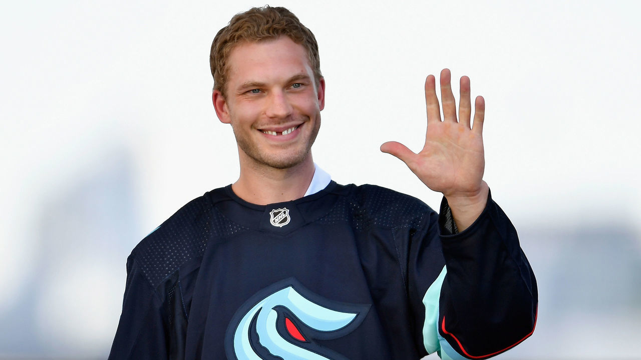 SEATTLE, WASHINGTON - JULY 21: Jamie Oleksiak is selected by the Seattle Kraken during the 2021 NHL Expansion Draft at Gas Works Park on July 21, 2021 in Seattle, Washington. The Seattle Kraken is the National Hockey League's newest franchise and will begin play in October 2021.