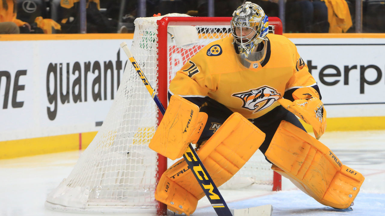 NASHVILLE, TN - MAY 27: Nashville Predators goalie Juuse Saros (74), of Finland, is shown during Game 6 of the first round of the Stanley Cup Playoffs between the Nashville Predators and Carolina Hurricanes, held on May 27, 2021, at Bridgestone Arena in Nashville, Tennessee.