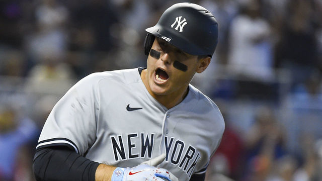 MIAMI, FL - AUGUST 01: Anthony Rizzo #48 of the New York Yankees reacts towards the bench after hitting an RBI single in the eighth inning against the Miami Marlins at loanDepot park on August 1, 2021 in Miami, Florida.