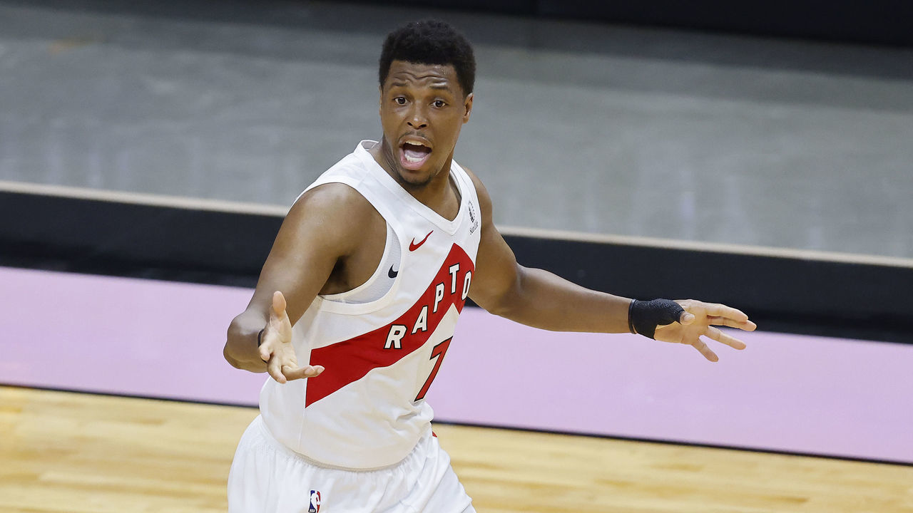 MIAMI, FLORIDA - FEBRUARY 24: Kyle Lowry #7 of the Toronto Raptors reacts against the Miami Heat during the third quarter at American Airlines Arena on February 24, 2021 in Miami, Florida.