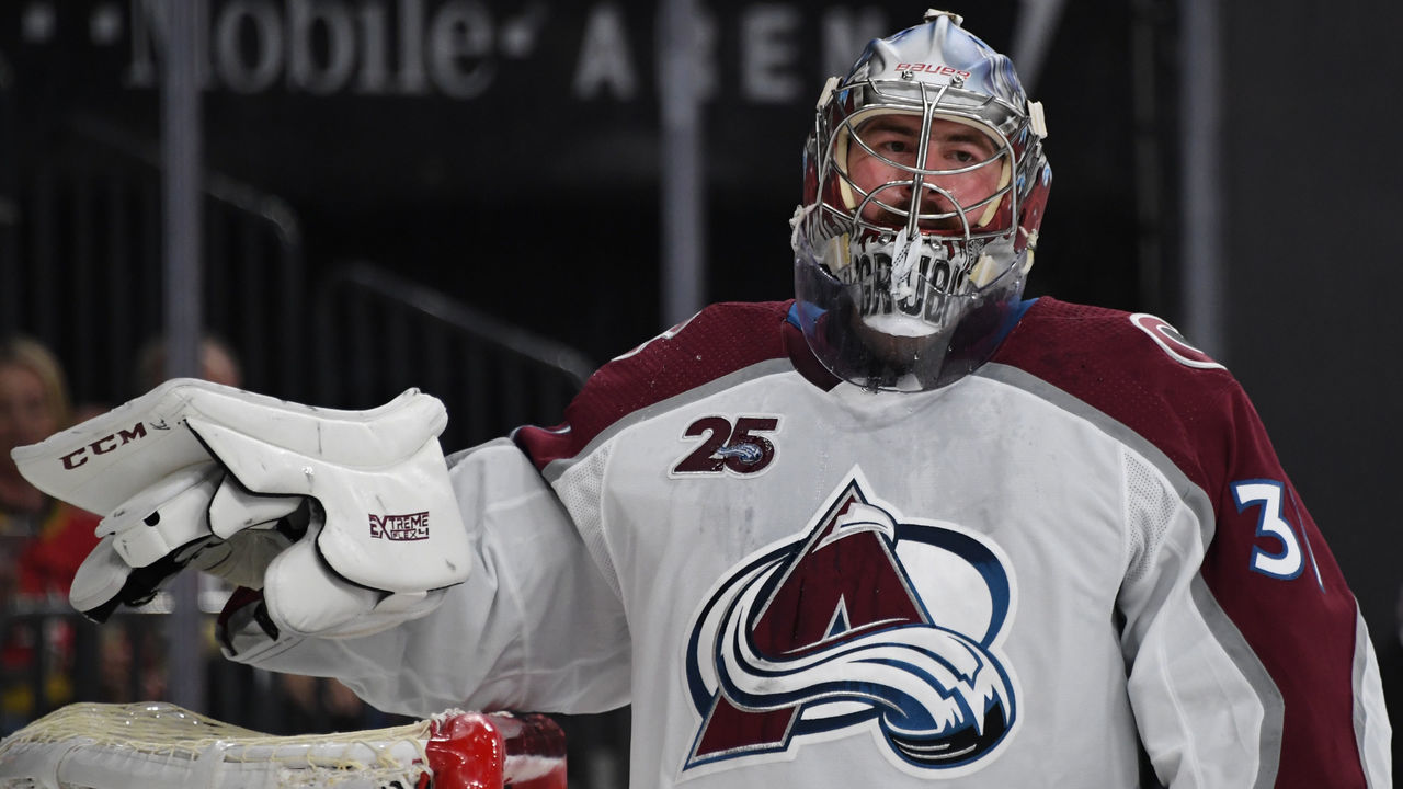 LAS VEGAS, NEVADA - JUNE 04: Philipp Grubauer #31 of the Colorado Avalanche tends net during the first period against the Vegas Golden Knights in Game Three of the Second Round of the 2021 Stanley Cup Playoffs at T-Mobile Arena on June 04, 2021 in Las Vegas, Nevada.