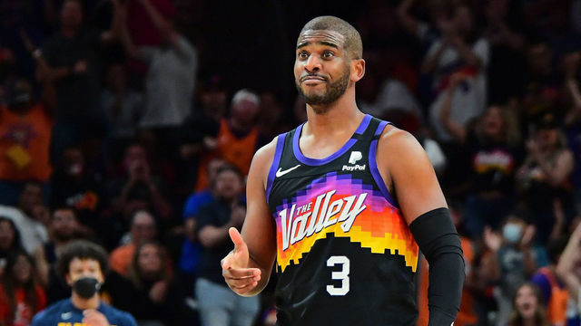 PHOENIX, AZ - JUNE 7: Chris Paul #3 of the Phoenix Suns smiles during the game against the Denver Nuggets during Round 2, Game 1 of the 2021 NBA Playoffs on June 7, 2021 at Talking Stick Resort Arena in Phoenix, Arizona. Mandatory Copyright Notice: Copyright 2021 NBAE