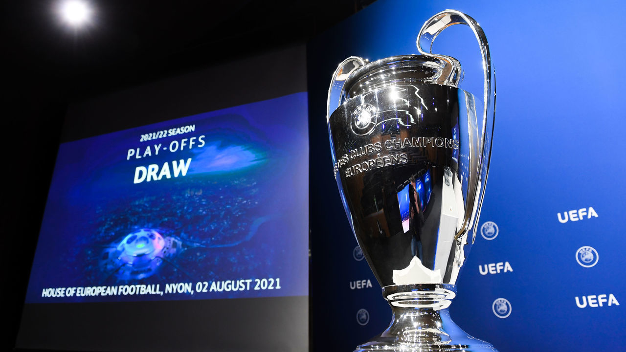 NYON, SWITZERLAND - AUGUST 2: A view of the UEFA Champions League trophy during the UEFA Champions League 2021/22 Play-offs Round draw at the UEFA headquarters, The House of European Football on August 2, 2021, in Nyon, Switzerland.
