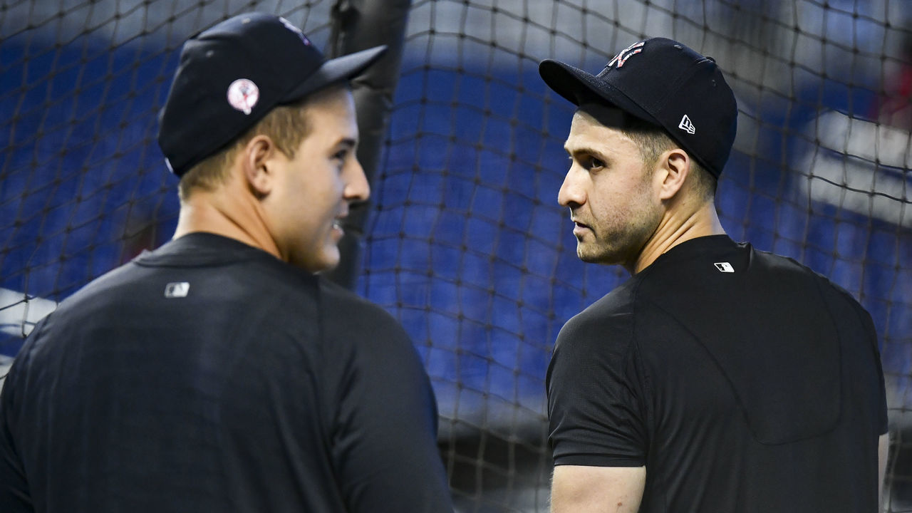 MIAMI, FL - JULY 30: Anthony Rizzo #48 and Joey Gallo #13 of the New York Yankees during batting practice before the game against the Miami Marlins at loanDepot park on July 30, 2021 in Miami, Florida.