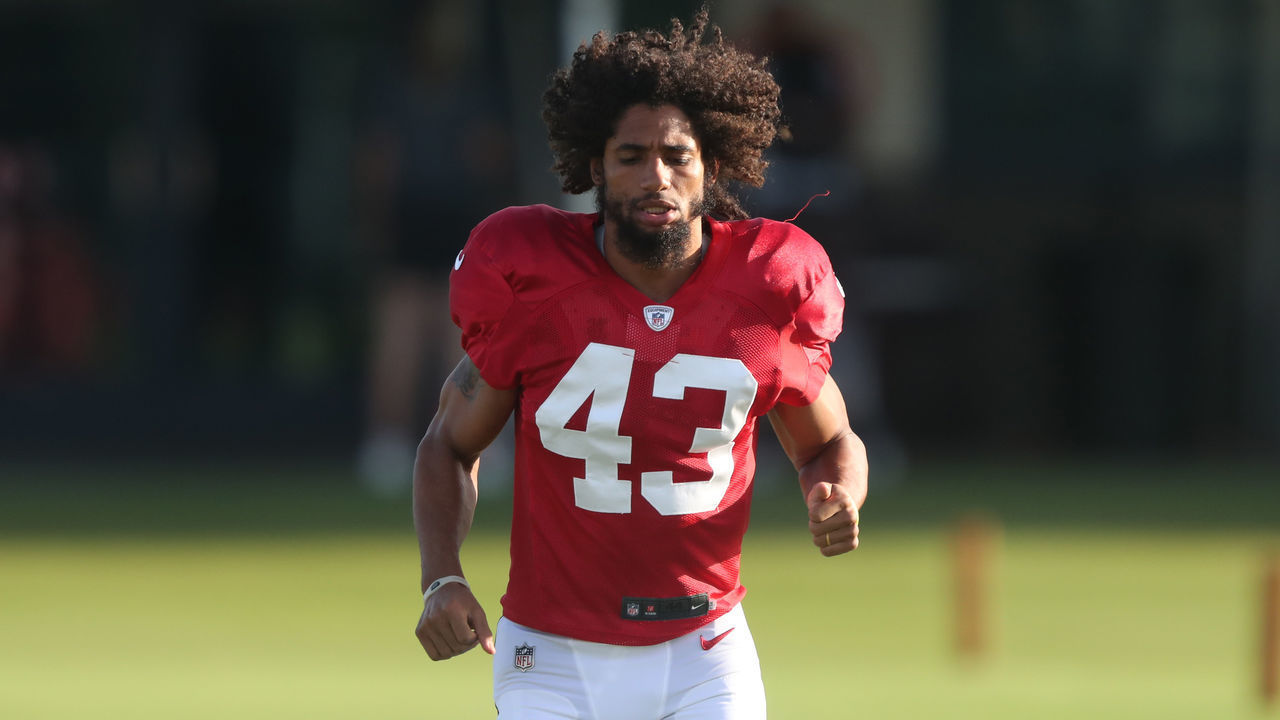TAMPA, FL - JUL 31: Ross Cockrell (43) warms up during the Tampa Bay Buccaneers Training Camp on July 31, 2021 at the AdventHealth Training Center at One Buccaneer Place in Tampa, Florida.