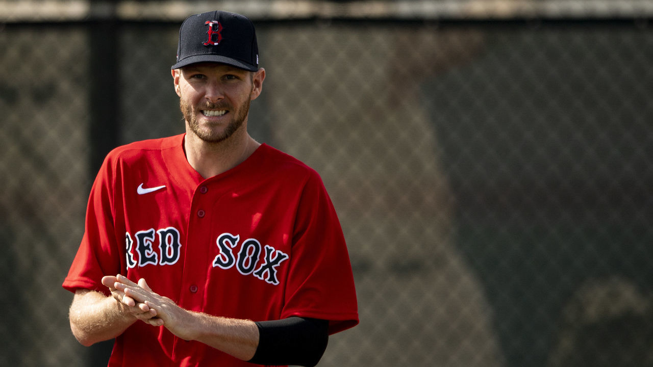 FT. MYERS, FL - FEBRUARY 17: Chris Sale #41 of the Boston Red Sox reacts during a team workout on February 17, 2020 at jetBlue Park at Fenway South in Fort Myers, Florida.