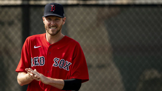 FT. MYERS, FL - FEBRUARY 17: Chris Sale #41 of the Boston Red Sox reacts during a team workout on February 17, 2020 at jetBlue Park at Fenway South in Fort Myers, Florida.