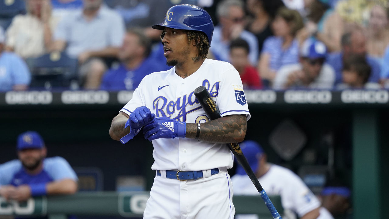 KANSAS CITY, MO - JUNE 18: Adalberto Mondesi #27 of the Kansas City Royals hits against the Boston Red Sox in the first inning at Kauffman Stadium on May 18, 2021 in Kansas City, Missouri.