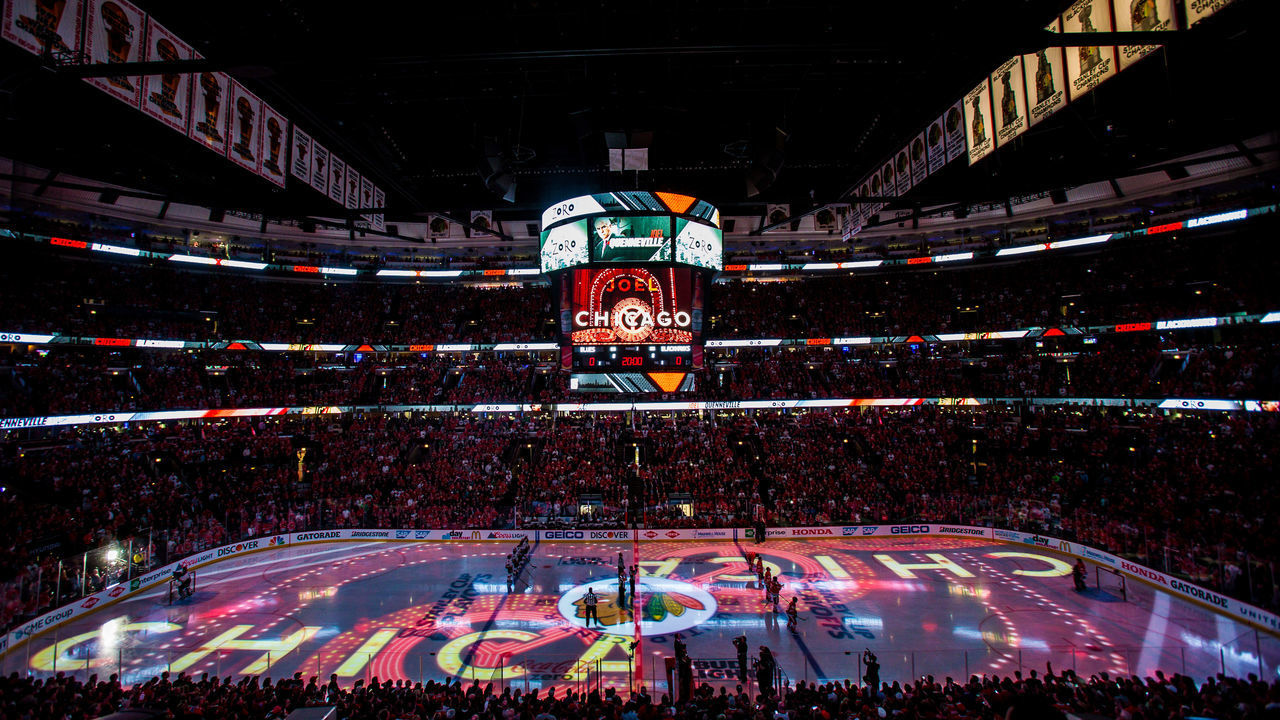 CHICAGO, IL - APRIL 23: Graphics are displayed during the pre-game ceremonies for Game Six of the Western Conference First Round between the Chicago Blackhawks and the St. Louis Blues during the 2016 NHL Stanley Cup Playoffs at the United Center on April 23, 2016 in Chicago, Illinois.