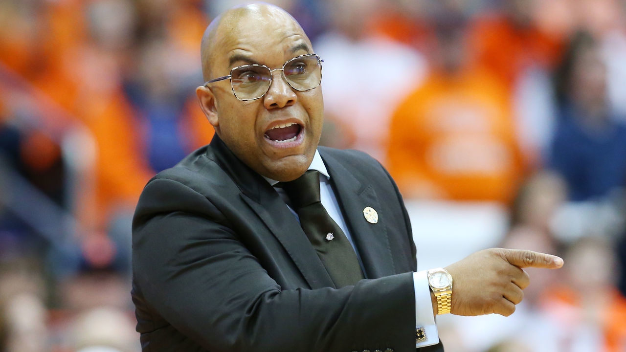 SYRACUSE, NY - MARCH 25: Head coach Quentin Hillsman of the Syracuse Orange reacts to a play against the South Dakota State Jackrabbits during the first half in the second round of the 2019 NCAA Women's Basketball Tournament at the Carrier Dome on March 25, 2019 in Syracuse, New York.