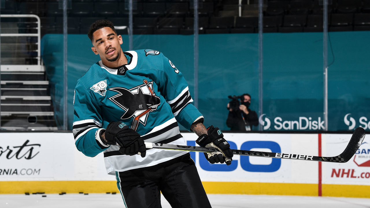 SAN JOSE, CA - APRIL 10: Evander Kane #9 of the San Jose Sharks skates during warmups against the Los Angeles Kings at SAP Center on April 10, 2021 in San Jose, California.