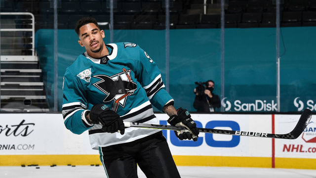 SAN JOSE, CA - APRIL 10: Evander Kane #9 of the San Jose Sharks skates during warmups against the Los Angeles Kings at SAP Center on April 10, 2021 in San Jose, California.