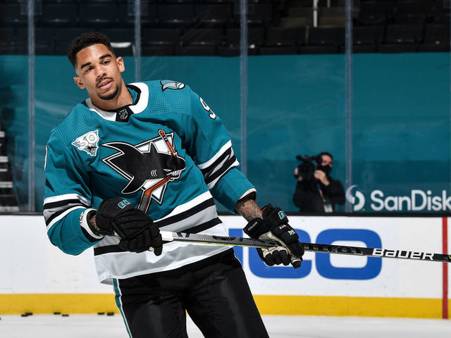SAN JOSE, CA - APRIL 10: Evander Kane #9 of the San Jose Sharks skates during warmups against the Los Angeles Kings at SAP Center on April 10, 2021 in San Jose, California.