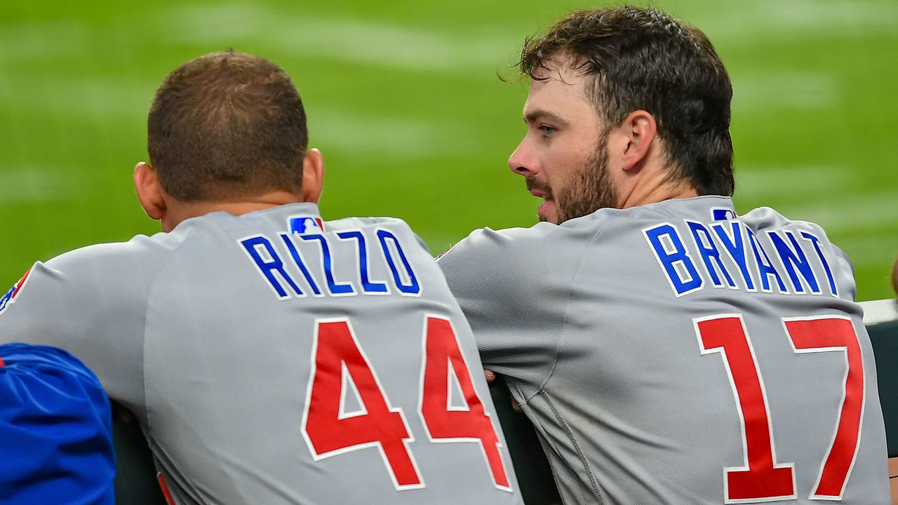 ATLANTA, GA APRIL 29: Chicago's Anthony Rizzo (44) and Kris Bryant (17) talk in the dugout during the MLB game between the Chicago Cubs and the Atlanta Braves on April 29th, 2021 at Truist Park in Atlanta, GA.