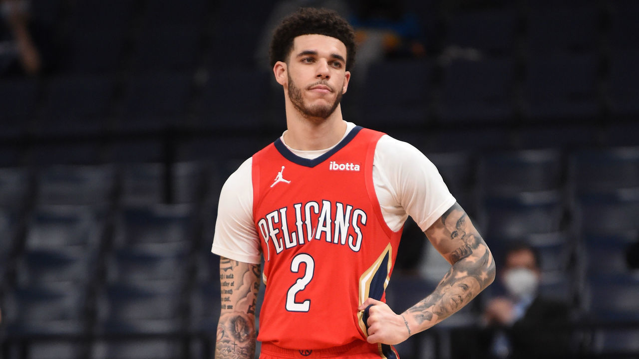 MEMPHIS, TN - MAY 10: Lonzo Ball #2 of the New Orleans Pelicans looks on during a game against the New Orleans Pelicans on May 10, 2021 at FedExForum in Memphis, Tennessee. NOTE TO USER: User expressly acknowledges and agrees that, by downloading and/or using this Photograph, user is consenting to the terms and conditions of the Getty Images License Agreement. Mandatory Copyright Notice: Copyright 2021 NBAE