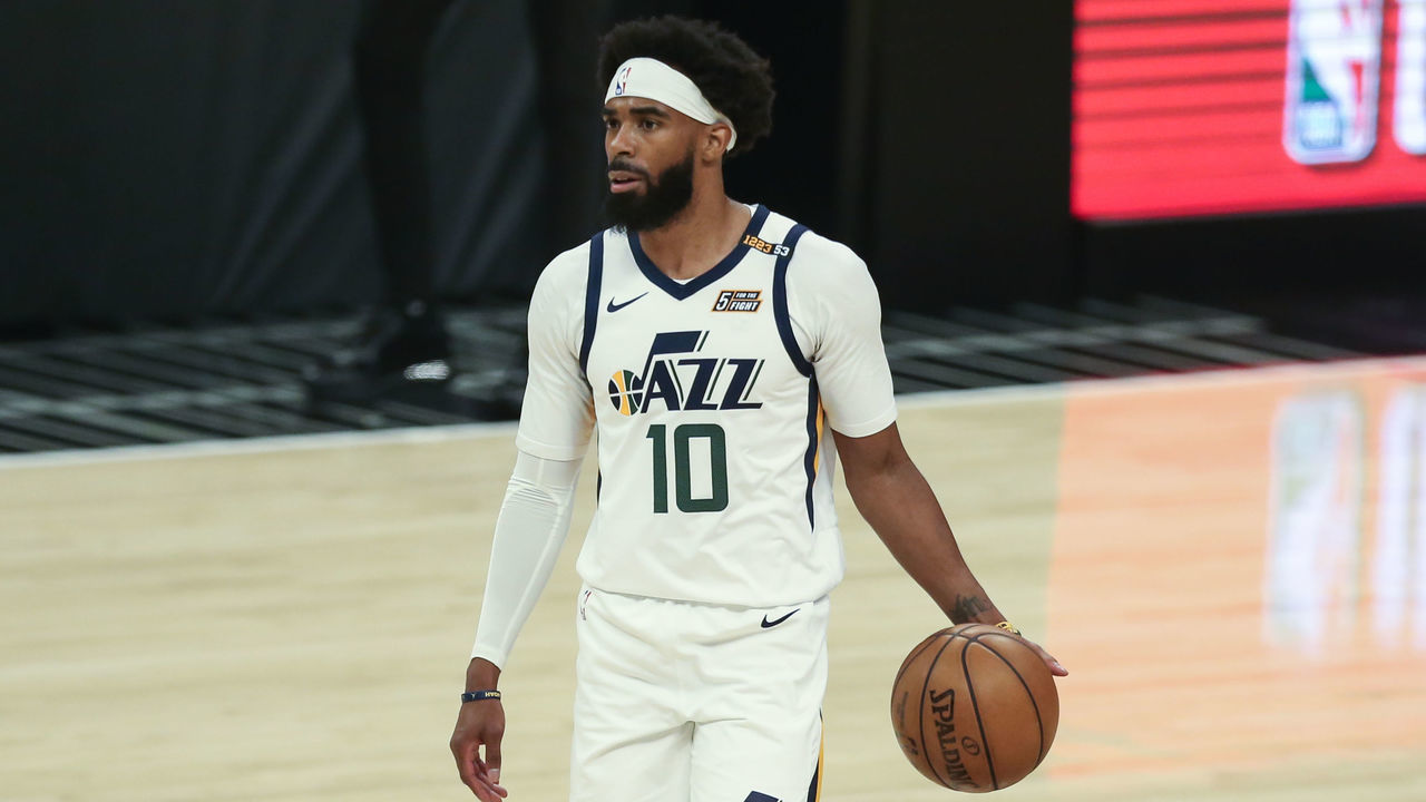 LOS ANGELES, CA - JUNE 18: Utah Jazz guard Mike Conley (10) dribbling during game 6 of the second round of the Western Conference Playoffs between the Utah Jazz and the Los Angeles Clippers on June 18, 2021, at Staples Center in Los Angeles, CA.