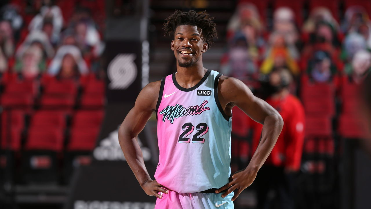 PORTLAND, OR - APRIL 11: Jimmy Butler #22 of the Miami Heat smiles during the game against the Portland Trail Blazers on April 11, 2021 at the Moda Center Arena in Portland, Oregon. Mandatory Copyright Notice: Copyright 2021 NBAE