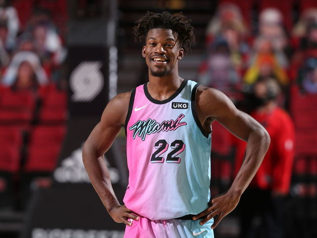 PORTLAND, OR - APRIL 11: Jimmy Butler #22 of the Miami Heat smiles during the game against the Portland Trail Blazers on April 11, 2021 at the Moda Center Arena in Portland, Oregon. Mandatory Copyright Notice: Copyright 2021 NBAE