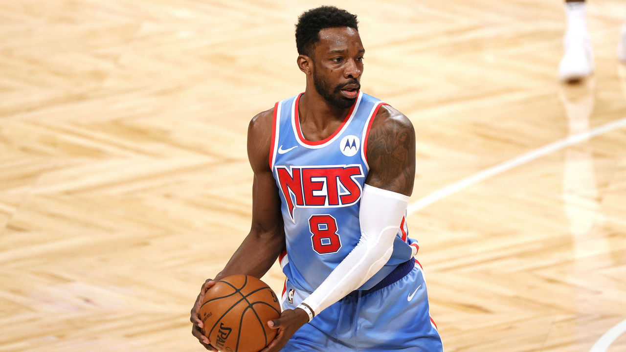 NEW YORK, NEW YORK - JANUARY 12: Jeff Green #8 of the Brooklyn Nets holds the ball during the second half against the Denver Nuggets at Barclays Center on January 12, 2021 in the Brooklyn borough of New York City. The Nets won 122-116.