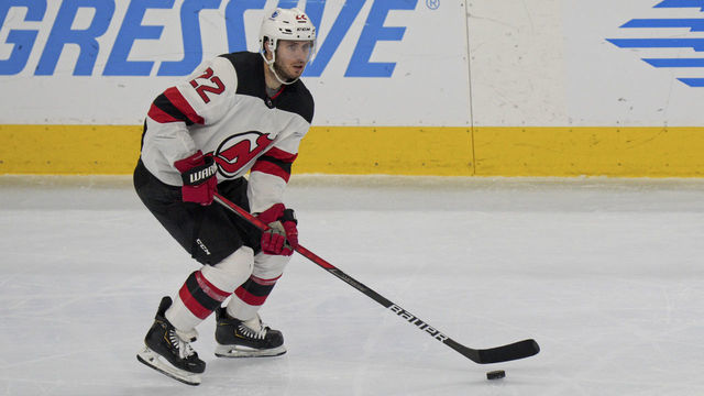 PHILADELPHIA, PA - MAY 10: New Jersey Devils Defenceman Ryan Murray (22) skates with the puck during the game between the New Jersey Devils and the Philadelphia Flyers on May 10, 2021 at Wells Fargo Center in Philadelphia, PA.