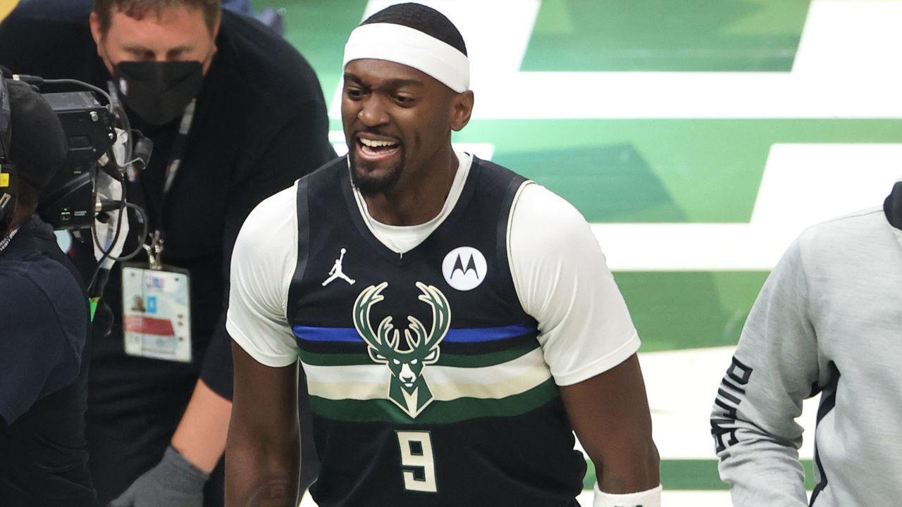 MILWAUKEE, WI - JULY 20: Bobby Portis #9 of the Milwaukee Bucks celebrates during Game Six of the 2021 NBA Finals on July 20, 2021 at Fiserv Forum in Milwaukee, Wisconsin. Mandatory Copyright Notice: Copyright 2021 NBAE