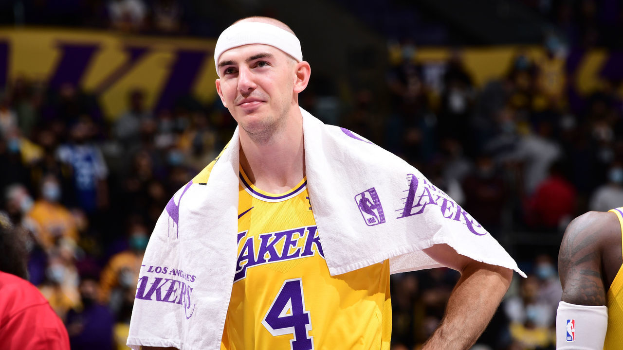 LOS ANGELES, CA - MAY 27: Alex Caruso #4 of the Los Angeles Lakers smiles after the game against the Phoenix Suns during Round 1, Game 3 of the 2021 NBA Playoffs on May 27, 2021 at STAPLES Center in Los Angeles, California. NOTE TO USER: User expressly acknowledges and agrees that, by downloading and/or using this Photograph, user is consenting to the terms and conditions of the Getty Images License Agreement. Mandatory Copyright Notice: Copyright 2021 NBAE