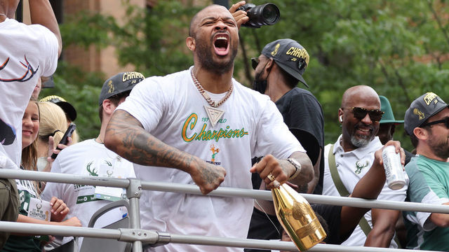 MILWAUKEE, WI - JULY 22: P.J. Tucker #17 of the Milwaukee Bucks celebrates during their Victory Parade & Rally of the 2021 NBA Finals on July 22, 2021 at the Fiserv Forum in Milwaukee, Wisconsin. Mandatory Copyright Notice: Copyright 2021 NBAE .