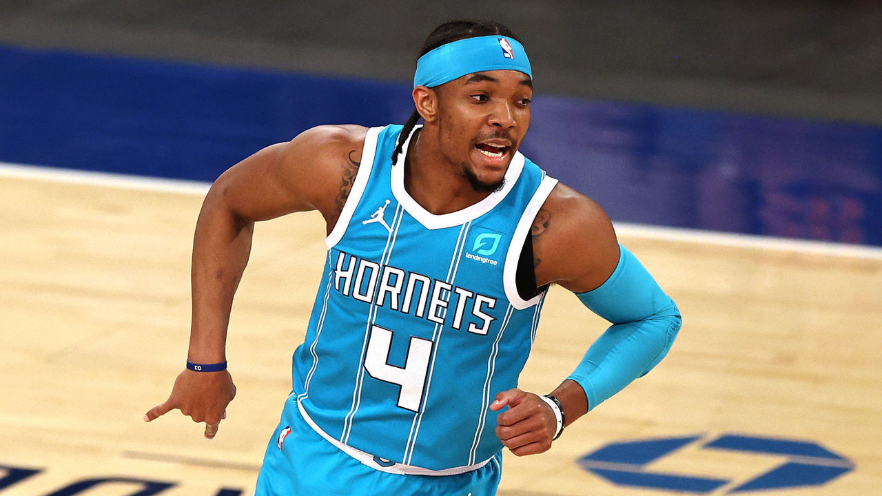 NEW YORK, NEW YORK - MAY 15: Devonte' Graham #4 of the Charlotte Hornets celebrates his three point shot in the second quarter against the New York Knicks at Madison Square Garden on May 15, 2021 in New York City.