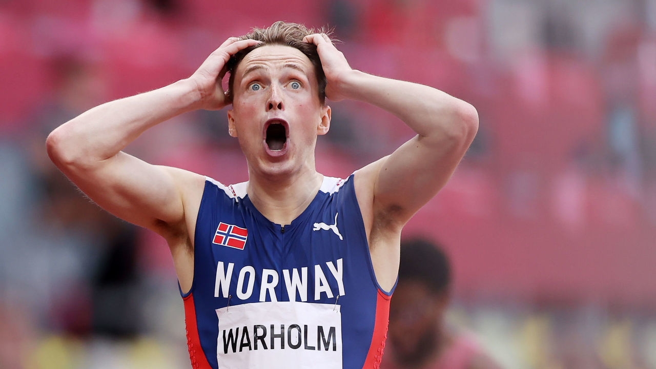 TOKYO, JAPAN - AUGUST 03: Karsten Warholm of Team Norway reacts after finishing first in the Men's 400m Hurdles on day eleven of the Tokyo 2020 Olympic Games at Olympic Stadium on August 03, 2021 in Tokyo, Japan.