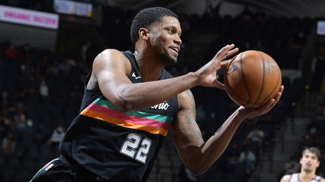 SAN ANTONIO, TX - MAY 16: Rudy Gay #22 of the San Antonio Spurs smiles during the game against the Phoenix Suns on May 16, 2021 at the AT&T Center in San Antonio, Texas. Mandatory Copyright Notice: Copyright 2021 NBAE (Photos by Logan Riely/NBAE via Getty Images)