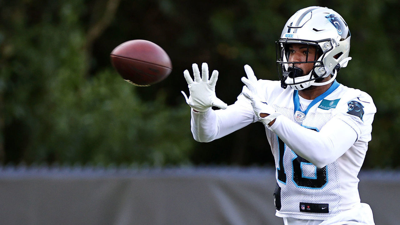 SPARTANBURG, SOUTH CAROLINA - JULY 28: Keith Kirkwood #18 of the Carolina Panthers attempts a catch during Panthers Training Camp at Wofford College on July 28, 2021 in Spartanburg, South Carolina.