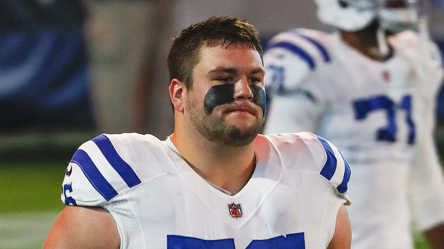NASHVILLE, TENNESSEE - NOVEMBER 12: Quenton Nelson #56 of the Indianapolis Colts leaves the field after warm ups before a game against the Tennessee Titans at Nissan Stadium on November 12, 2020 in Nashville, Tennessee.