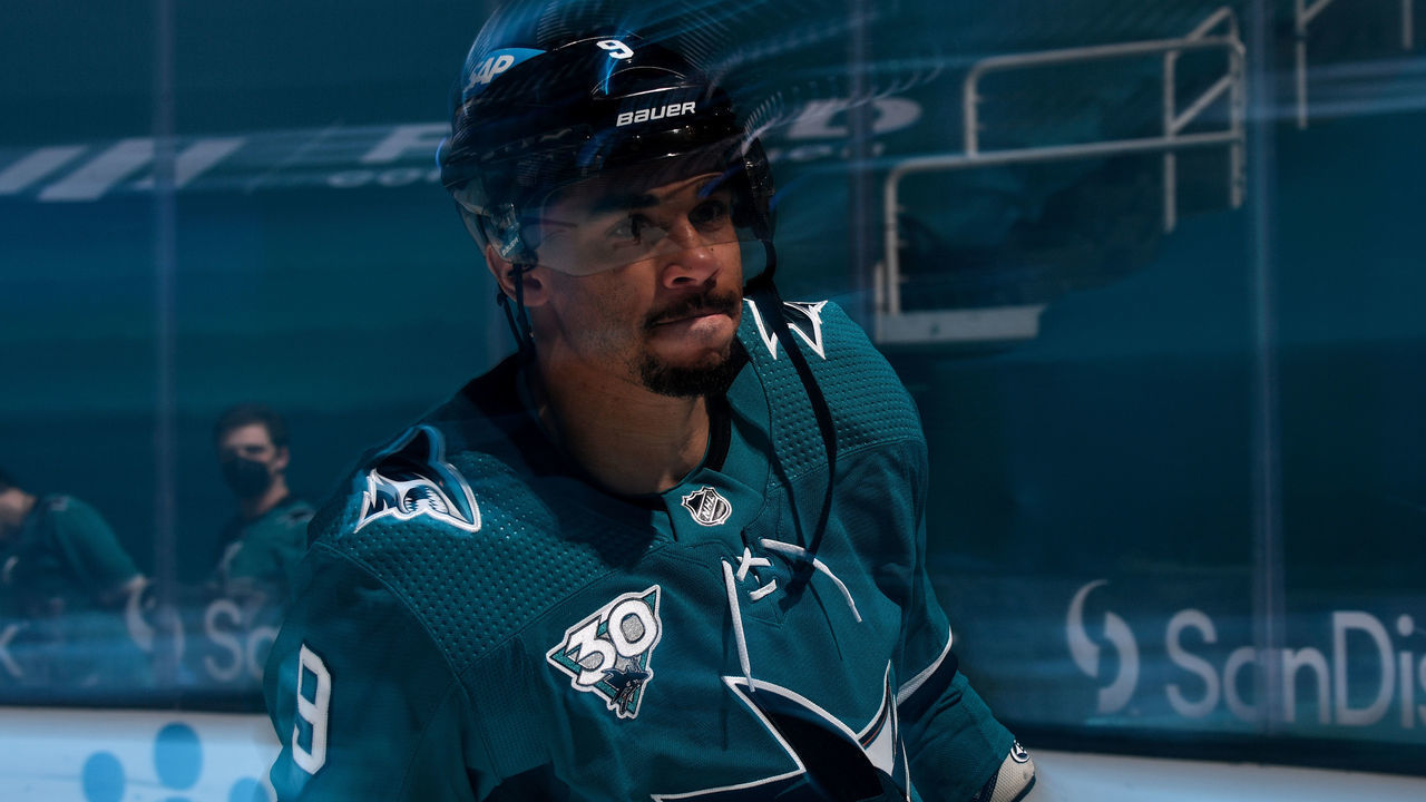 SAN JOSE, CA - APRIL 12: Evander Kane #9 of the San Jose Sharks skates before the game against the Anaheim Ducks at SAP Center on April 12, 2021 in San Jose, California.