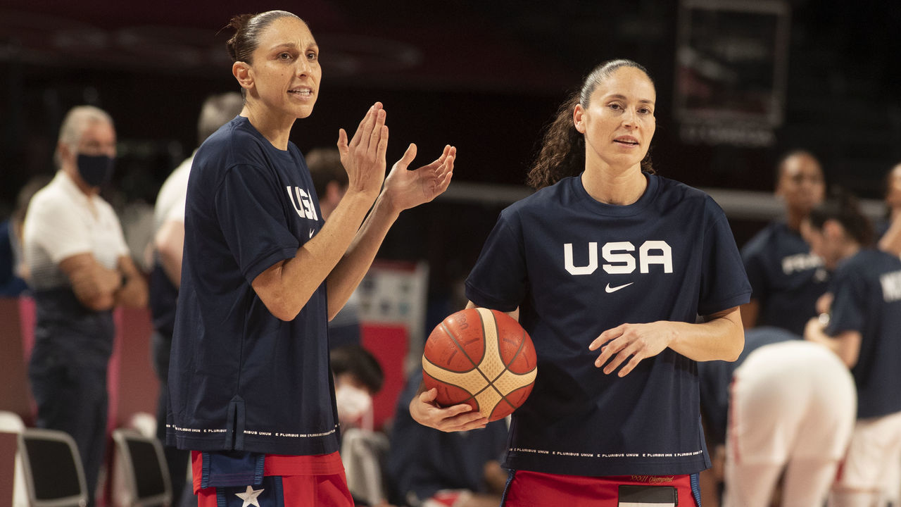 TOKYO, JAPAN August 2: Sue Bird #6 of the United States and Diana Taurasi #12 of the United States during the team warm up before the France V USA Preliminary Round Group B Basketball Women match at the Saitama Super Arena during the Tokyo 2020 Summer Olympic Games on August 2, 2021 in Tokyo, Japan.