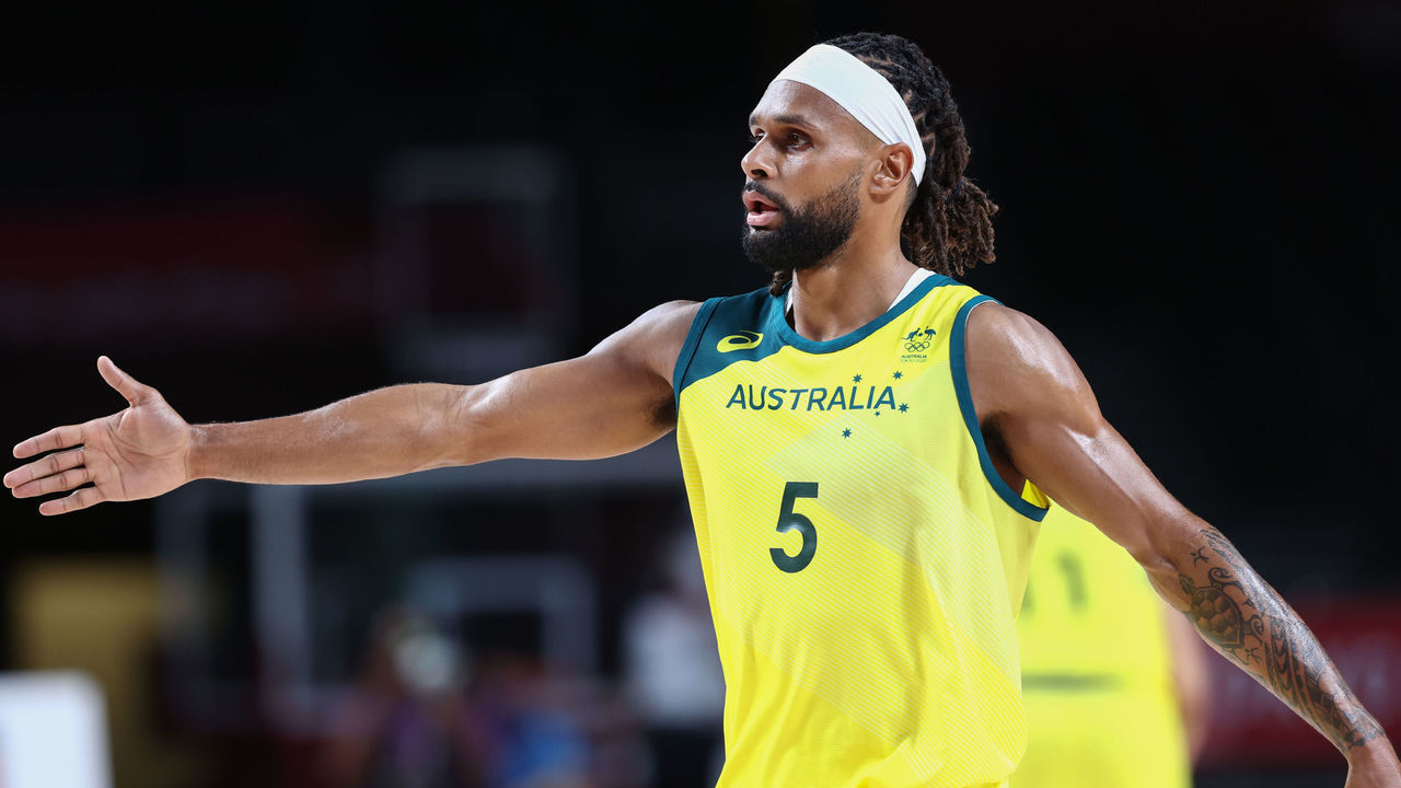 TOKYO, JAPAN - JULY 25: Patty Mills #5 of the Australia Men's National Team looks on against the Nigeria Men's National Team during the 2020 Tokyo Olympics on July 25, 2021 at Saitama Super Arena in Tokyo, Japan. Mandatory Copyright Notice: Copyright 2021 NBAE