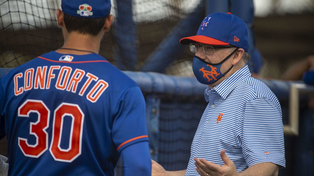 Port St. Lucie, FL: New York Mets player Michael Conforto and Mets owner Steve Cohen chat during a spring training workout on Feb. 27, 2021, in Port St. Lucie, Florida. Photo by Alejandra Villa Loraca/Newsday RM via Getty Images)