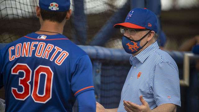 Port St. Lucie, FL: New York Mets player Michael Conforto and Mets owner Steve Cohen chat during a spring training workout on Feb. 27, 2021, in Port St. Lucie, Florida. Photo by Alejandra Villa Loraca/Newsday RM via Getty Images)