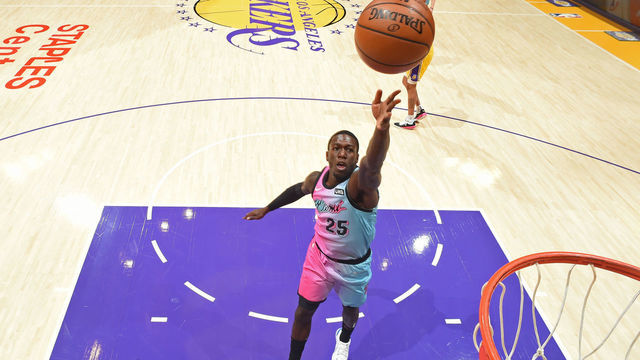 LOS ANGELES, CA - FEBRUARY 20: Kendrick Nunn #25 of the Miami Heat shoots the ball during the game against the Los Angeles Lakers on February 20, 2021 at STAPLES Center in Los Angeles, California. NOTE TO USER: User expressly acknowledges and agrees that, by downloading and/or using this Photograph, user is consenting to the terms and conditions of the Getty Images License Agreement. Mandatory Copyright Notice: Copyright 2021 NBAE