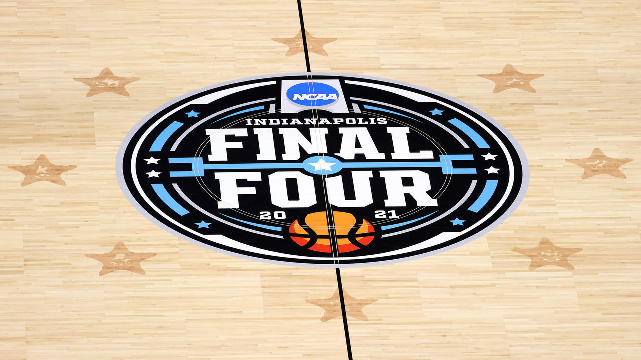 INDIANAPOLIS, INDIANA - APRIL 02: A detail view of the center court logo is seen ahead of the Final Four Semifinal at Lucas Oil Stadium on April 02, 2021 in Indianapolis, Indiana.