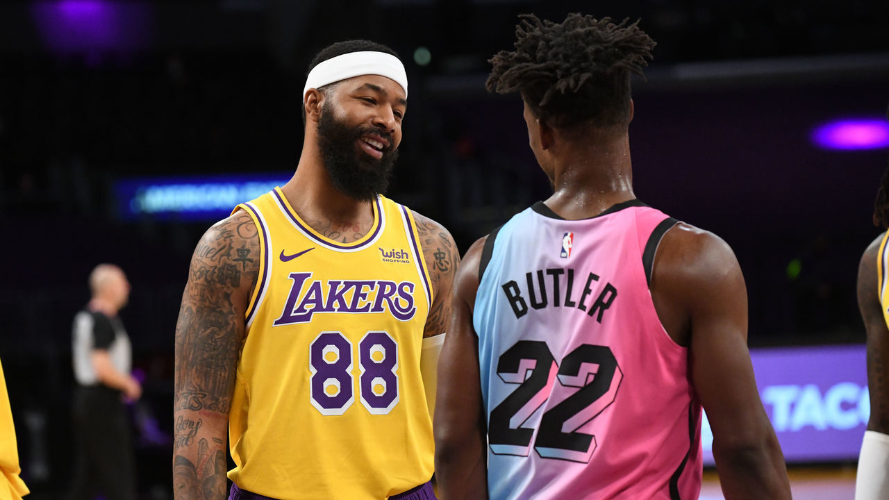 LOS ANGELES, CA - FEBRUARY 20: Markieff Morris #88 of the Los Angeles Lakers talks with Jimmy Butler #22 of the Miami Heat during the game on February 20, 2021 at STAPLES Center in Los Angeles, California. NOTE TO USER: User expressly acknowledges and agrees that, by downloading and/or using this Photograph, user is consenting to the terms and conditions of the Getty Images License Agreement. Mandatory Copyright Notice: Copyright 2021 NBAE