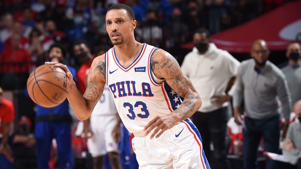 PHILADELPHIA, PA - JUNE 20: George Hill #33 of the Philadelphia 76ers handles the ball against the Atlanta Hawks during Round 2, Game 7 of the Eastern Conference Playoffs on June 20, 2021 at Wells Fargo Center in Philadelphia, Pennsylvania. NOTE TO USER: User expressly acknowledges and agrees that, by downloading and/or using this Photograph, user is consenting to the terms and conditions of the Getty Images License Agreement. Mandatory Copyright Notice: Copyright 2021 NBAE